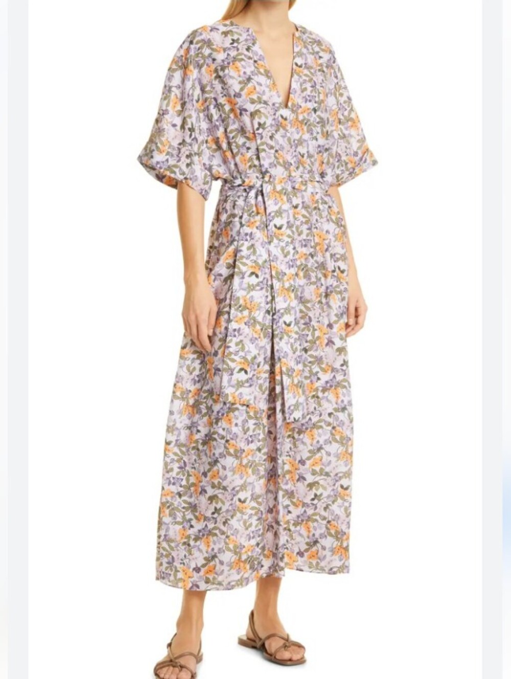 Vince‎ Wisteria Vine Cuffed-Sleeve Belted Maxi Dress